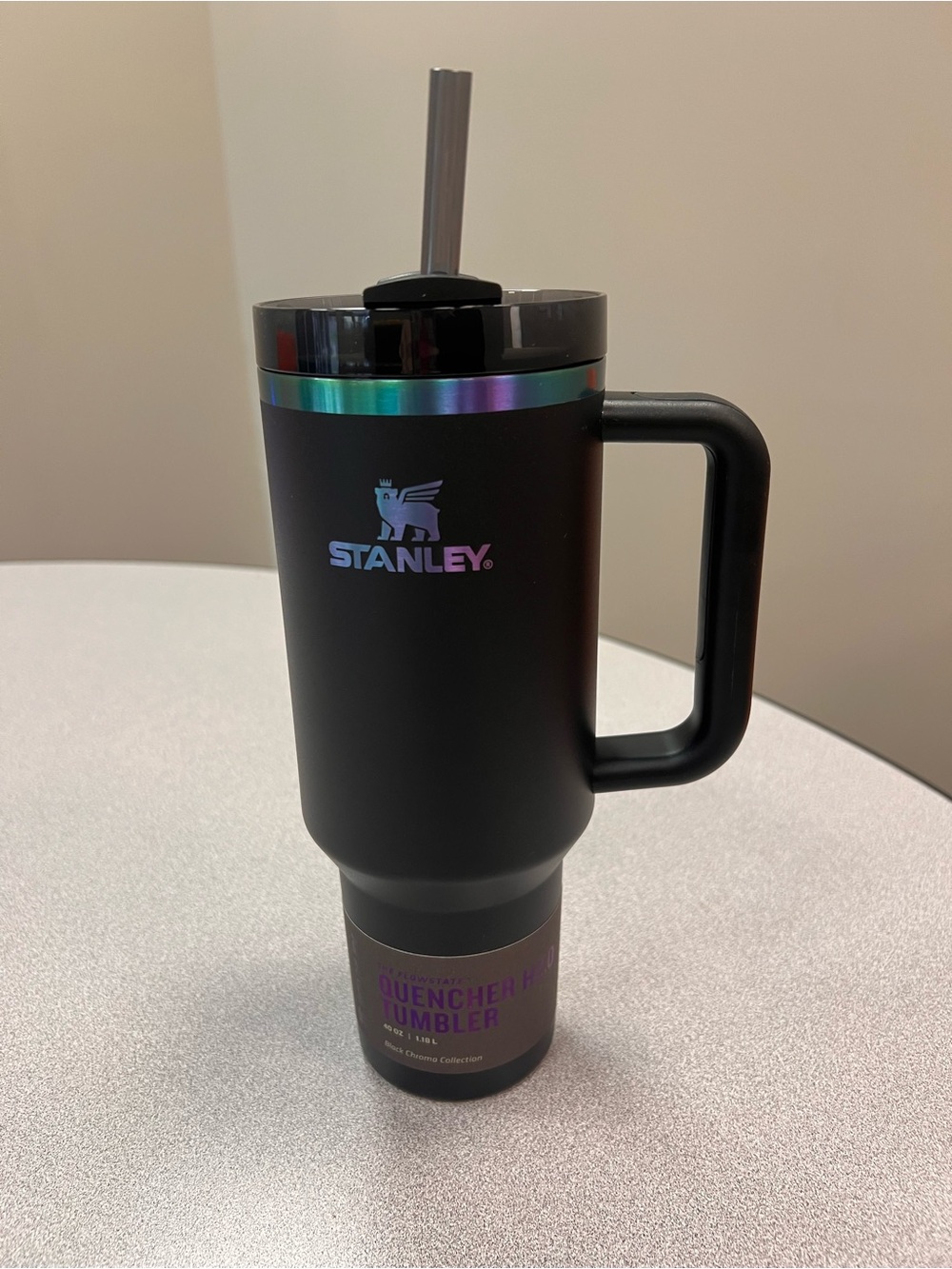 Stanley Black Quencher H2.0 Tumbler with Purple Iridescent Text